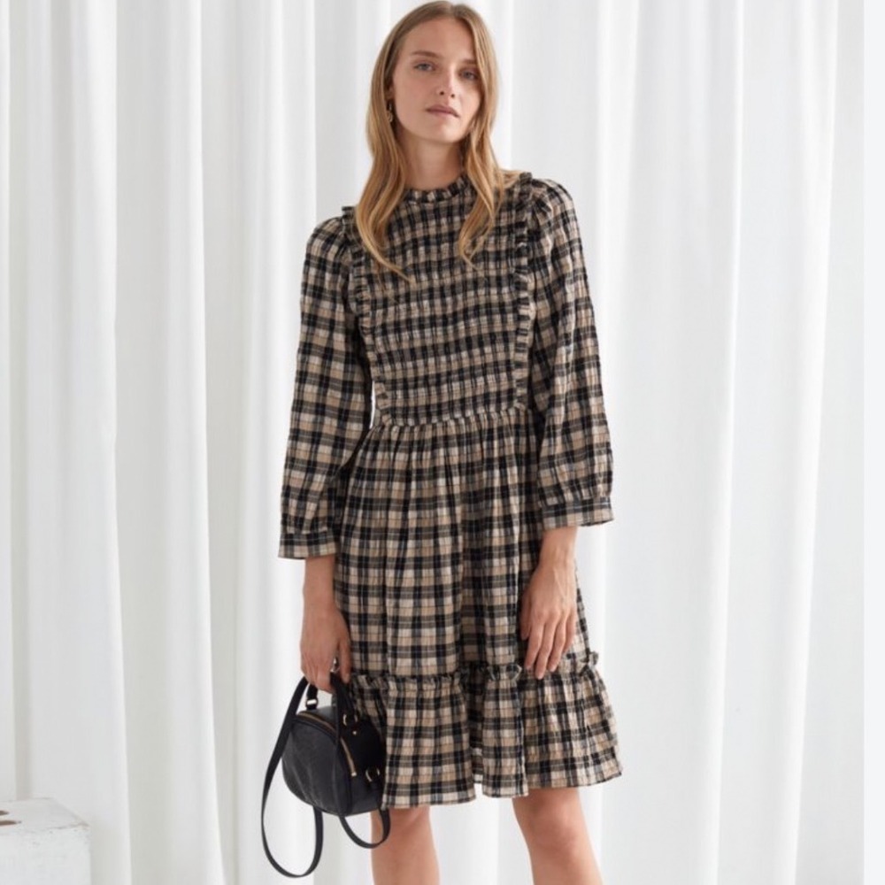 & Other Stories Paris Atelier Plaid Smocked Tiered Mini Dress Tan Black US 2